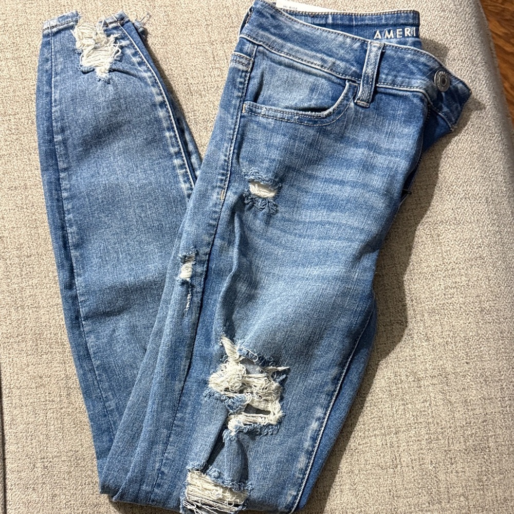 American Eagle Outfitters Light Blue Ripped Skinny Jeans- High-Rise Jeggings